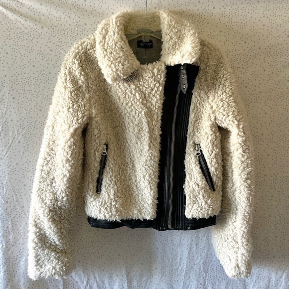 Topshop Women’s Lined Sherpa/Leather B&W Motorcycle Jacket LIKE NEW - Picture 1 of 7